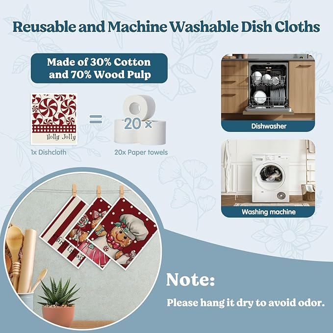 Swedish Dishcloths for Kitchen, Christmas Xmas Gingerbread Red Kitchen Dish Towels for Washing Dishes, 4 Pack Reusable Paper Towels, Sponge Cloths for Winter Home Cleaning Cooking Baking