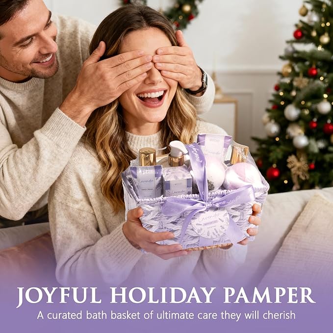 Christmas Birthday Gifts for Women, Lavender Relaxing Spa Gift Baskets for Women Self Care Package Bath Gift Set, Home Bath and Body Kit Pamper Gifts for Womens Mom Her Friends Sister Wife Girlfriend