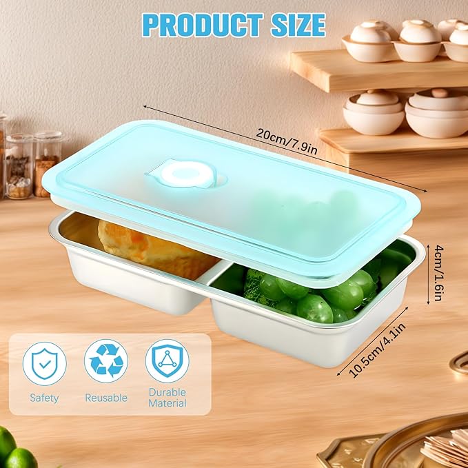Grab and Go Snack Containers Reusable,Stainless Steel Double Compartment Snack Container,Compartment Containers with Lids,for Snacks Dips Travel and Outdoor Camping(1Pc)