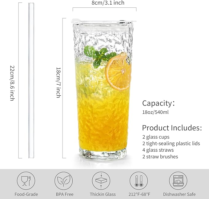 Puraville 2 Pack 18oz Glass Cups with Lids and Straws, Vintage Ribbed Striped Glacier Pattern Thickened Glassware for Whiskey Cocktail Beer, Mason Jar Drinking Glasses Tumbler Iced Coffee Cup, Clear