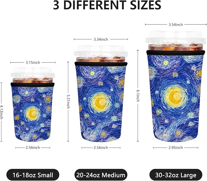 Iced Coffee Sleeve, Reusable Insulated Neoprene Cup Sleeve for Cold & Hot Drinks Beverages, Cup Holder for 32oz Coffee Cups, Starry Night