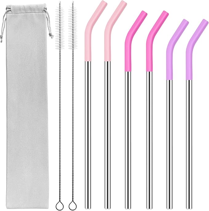 20 30 40 oz Stainless Metal Straws for Stanley Tumbler, 6Pcs Reusable Straight Long Steel Straws with 12 Silicone Tips and 2 Straw Cleaning Brushes (3Color2, 20 30 40oz)