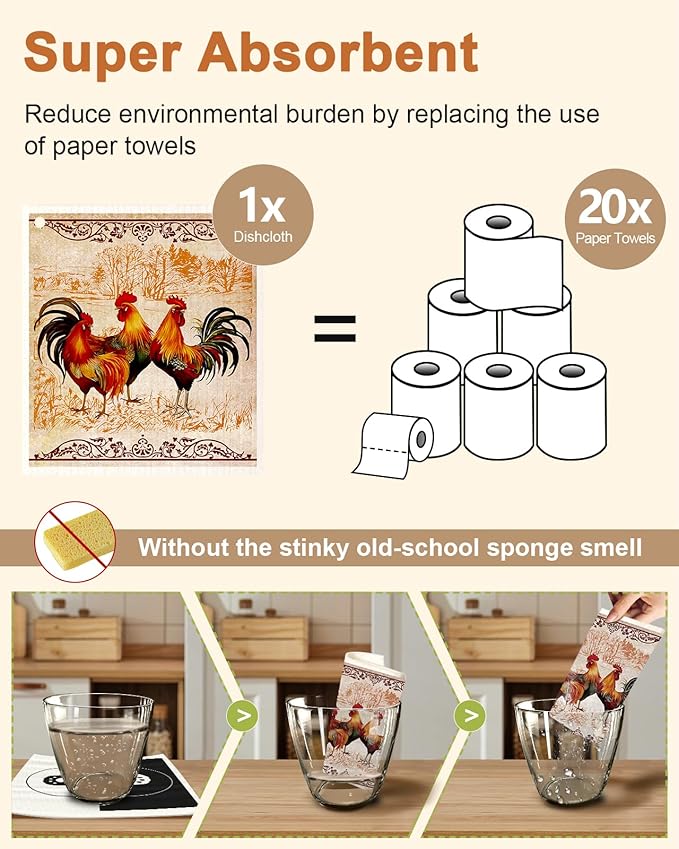 Kitchen Swedish Dishcloths with Hooks - 6 Pack Reusable Dish Cloths for Washing Dishes Fast Drying Cute Fun Swedish Dish Towels Washable Cleaning Sponge, Red Chicken