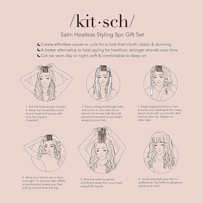 Kitsch Satin Heatless Hair Curler Styling 5pc Gift Set - Satin Heatless Hair Curler w/ 2 Scrunchies, Ceramic Thermal Roller & Claw Clip, Gifts for Women, Hair Roller Styling & Accessories- Champagne