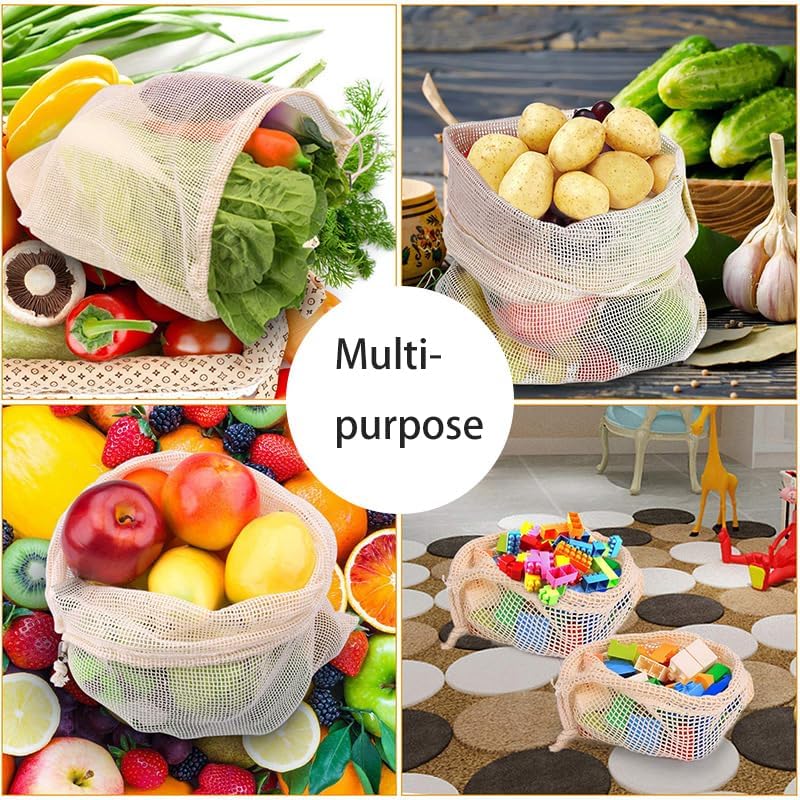 Set of 8 Reusable Organic Cotton Produce Bags, Mesh Grocery Cotton String Bag Net Shopping Mesh Bags – total 8 PCS(2pcs for each size) (8) - Image 2