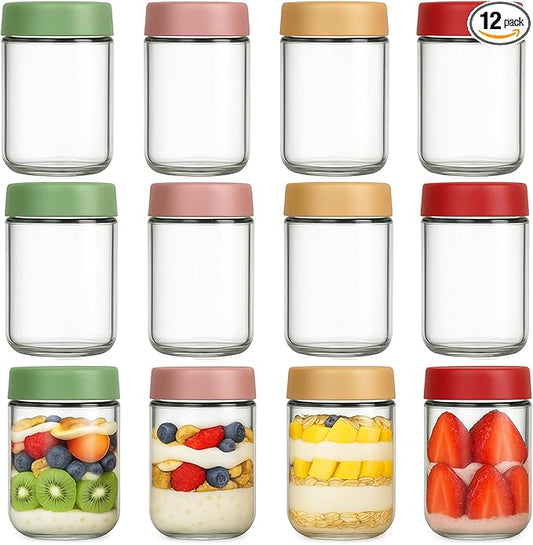 12 Pack 16oz Glass Jars with Lids, Airtight Overnight Oats Containers, Salad& Yogurt Storage, Mason Jars for Snacks, Spices, Meal Prep – Reusable
