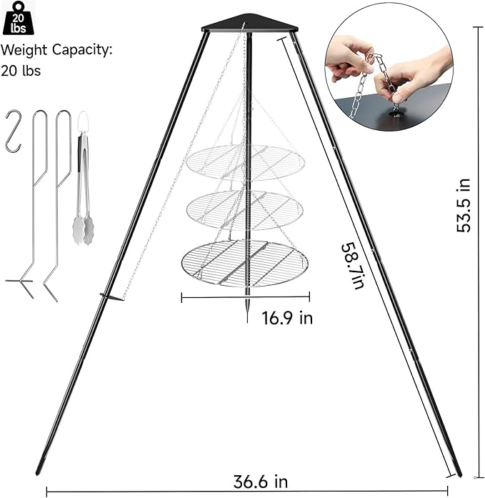 Campfire Tripod for Cooking, Campfire Cooking Equipment, Round Grill Grate with Adjustable Height for BBQ Picnic Outdoor Cookware Party & Collapsible Legs for Easy Storage