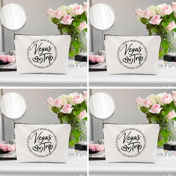 4 PCs Girls Trip Gifts Favors, Girls Weekend Gifts Makeup Bag, Vegas Gifts Weekend Bag Summer Vacation Cosmetic Bag, Friendship Gifts for Women Best Friend, Christmas Trip Gifts Goodie Bag