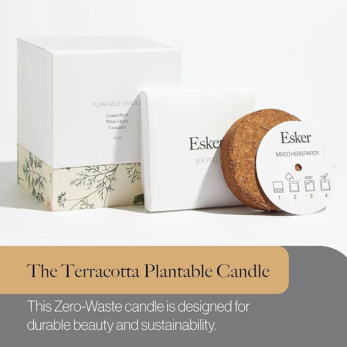 Esker Terracotta Plantable Candle – Hand-Poured Soy Wax with Essential Oils, Eco-Friendly Reusable Planter, Includes Wildflower Seed Paper for Sustainable Gifting