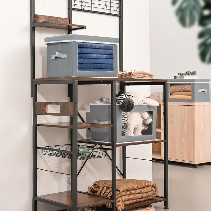 Stackable Storage Bins with Lids - Medium Storage Box with Lids, Foldable Closet Boxes for Organizing, Wardrobe Clothes Organizer with Window, Cubes Bins for Living Room, 5 Pack, Grey