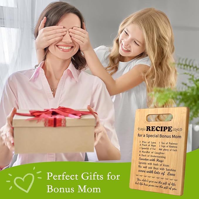 Bonus Mom Birthday Gifts from Daughter Son, Gifts for Bonus Mom Christmas, Unique Gift for Stepmom, New Mom, Stepmother, Best Gifts for Mom Recipe for a Special Bonus Mom Cutting Board