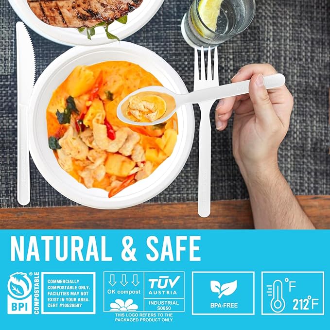 500 Count Large Compostable Forks Spoons Knives Flatware Set, White Heavy-duty Disposable Cutlery Eating Utensils (7 in.) BPI Certified