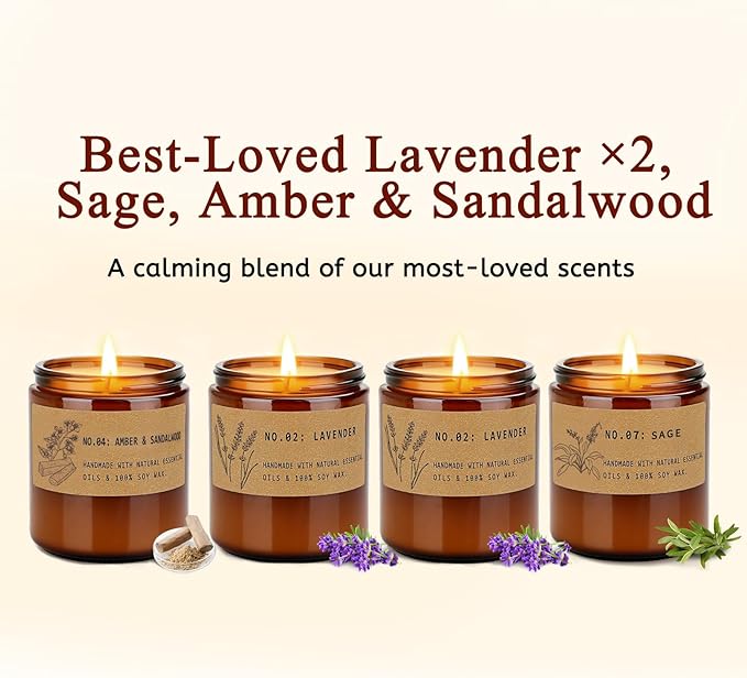 Christmas Candle Gifts for Women – Large 36 oz Scented Candle Gift Set, Natural Soy Wax Amber Jar Candles with Lavender & Sage, 4-Pack Aromatherapy Set