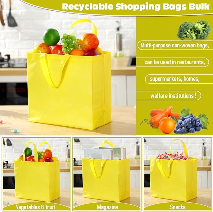 Windyun Reusable Grocery Bags Large Non Woven Shopping Bags with Handles Foldable Portable Tote Bulk, 12.6 x 11.8 x 6.3 Inch