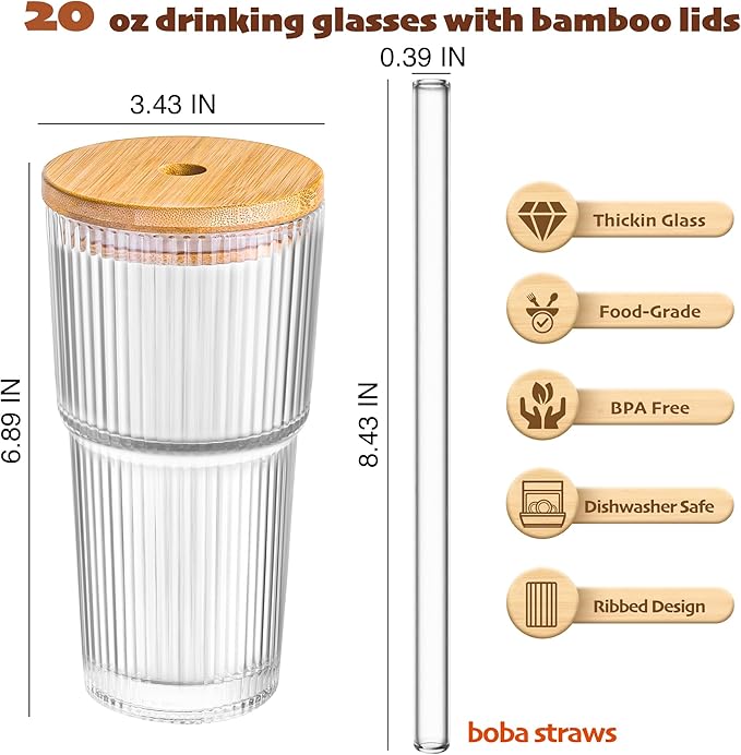 20 oz Ribbed Glass Tumblers with Bamboo Lids and Straws, 2 Pcs Wide Mouth Thickened Vintage Glass Cup for Boba, Iced Coffee, Juice