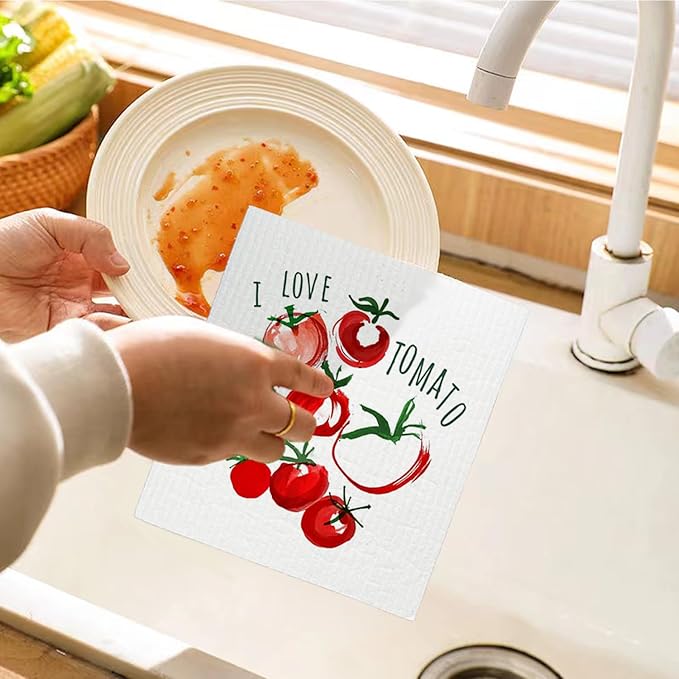 Swedish Dishcloths for Kitchen, Swedish Dish Cleaning Cloths for Vegetable, Beet Chili Tomato Peas，Papaya Reusable Paper Towels, 4 Pack Dish Towels for Kitchen, Reusable Dishcloths Washable