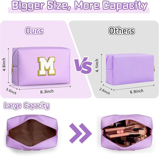 TOPEAST Initial Makeup Bag for Travel, Chenille Letter Pouch Cosmetic Bag, PU Leather Waterproof Toiletry Bag, Personalized Gifts for Bride Bridemaids, Cute Things for Girls (Purple Q)