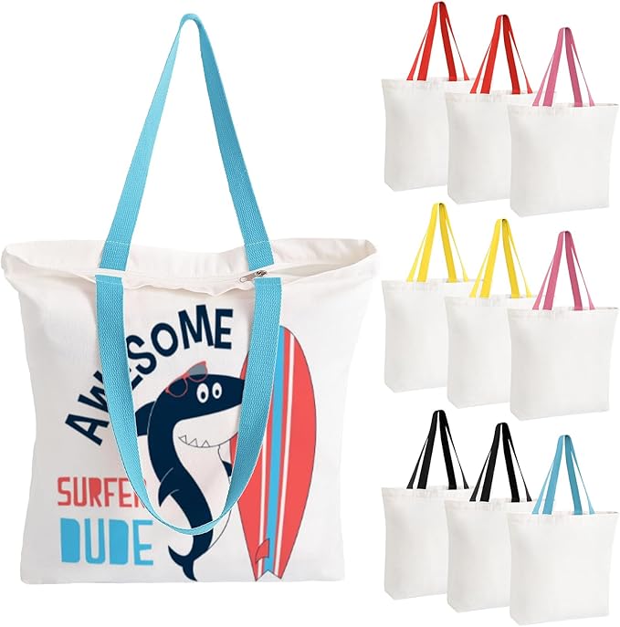 10 Pack Canvas Tote Bag with Zipper, Reusable Grocery Bags with Long Handle, DIY Heat Transfer Sublimation Blanks Shopping Bags for Advertising, Birthday, Thanksgiving, Christmas Craft Bags