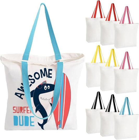 10 Pack Canvas Tote Bag with Zipper, Reusable Grocery Bags with Long Handle, DIY Heat Transfer Sublimation Blanks Shopping Bags for Advertising, Birthday, Thanksgiving, Christmas Craft Bags