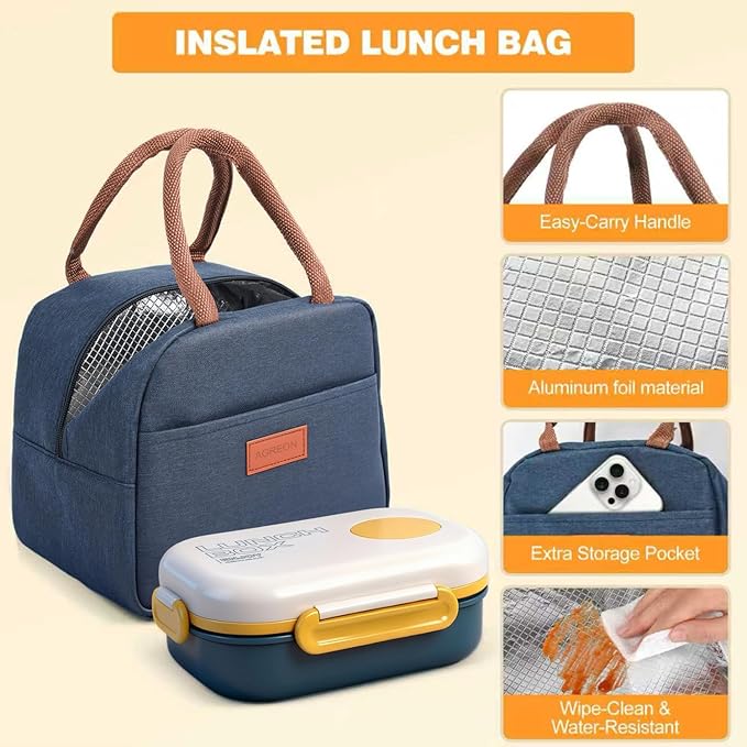 Lunch Bento Box Set - 3 Compartment Containers for Kids and Adults,lunch box for women with Thermo Lunch Bag, Leak-Proof and BPA-Free - Built-in Utensil Set,Sauce - Dishwasher Safe-Blue