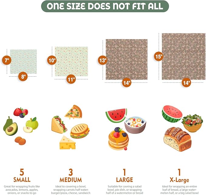 Akeeko Reusable Beeswax Food Wraps - Assorted 9 Packs, Reusable, Plastic-Free Food Storage, 5 Small, 2 Medium, 1 Large, 1 Extra Large Wraps with Water Color Flora Pattern