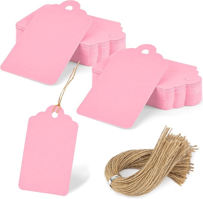 SallyFashion 120PCS Gift Tags with String 1.6 x 2.8 inch Pink Paper Hang Tags for Party Favors Baby Shower Wedding Crafts Decoration (Pink)