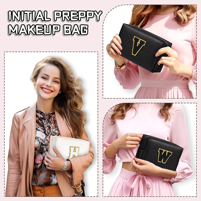 TOPEAST Cosmetic Travel Bags for Women, Preppy Small Makeup Bag, PU Leather Waterproof Toiletry Bag, Unique Friendship Gifts for Friends Coworker, Cute Stuff for Girls (Black R)