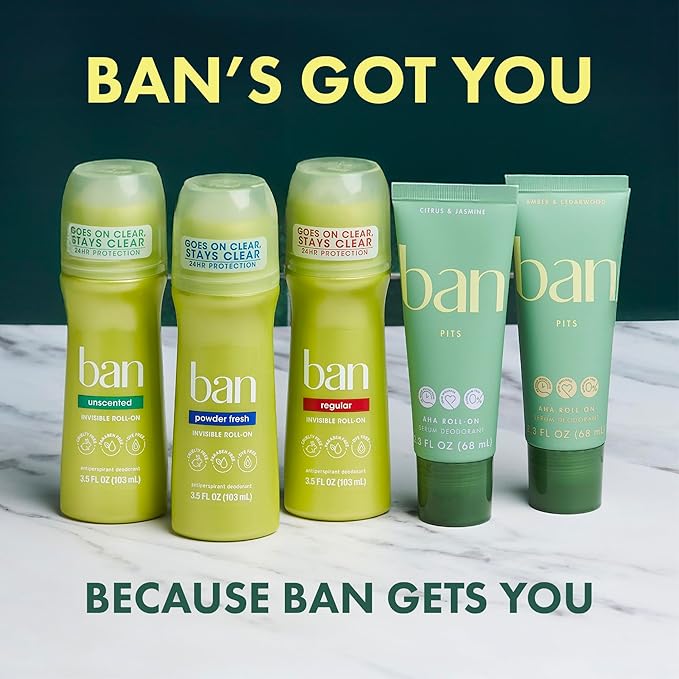 Ban Original Unscented 24-hour Invisible Antiperspirant, 3.5oz Roll-on Deodorant, 4-pack, Underarm Wetness Protection, with Odor-fighting Ingredients
