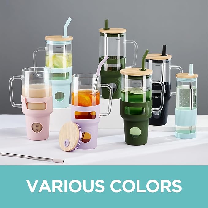 Glass Cups With Lids and Straws, 20oz Reusable Iced Coffee Cup, Olive Glass Tumbler with Silicone Sleeve, Perfect for Fruity Drinks, Iced Tea, or Smoothies