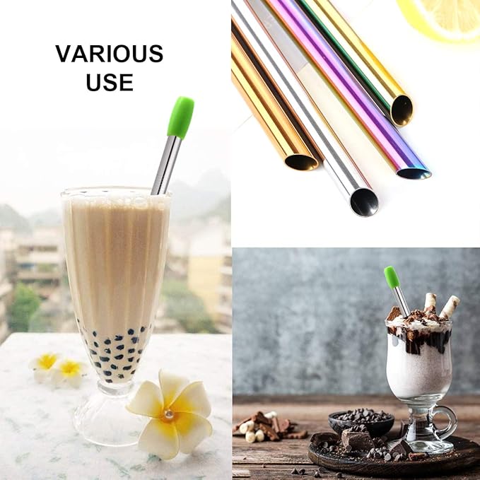 Metal Boba Straws Reusable Smoothies Straws 10" Stainless Steel Straw Angled Tips 0.5" 1/2 In Wide Straw for Jumbo Bubble Tea Milkshakes Milk Tea Tapioca Pearl With Silicone Tips Carry Bag Brush 2 Pcs