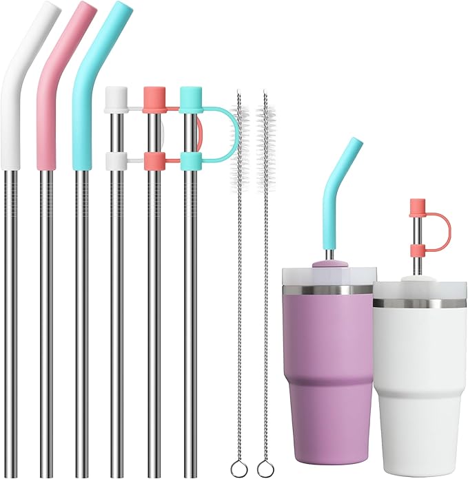 Metal Straws for 14 oz, 20 oz Stanley Tumbler, Reusable Stainless Steel Straws with Silicone Tips for Yeti 20 oz Tumbler, 2 Clean Brush