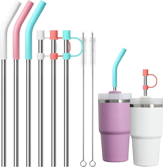 Metal Straws for 14 oz, 20 oz Stanley Tumbler, Reusable Stainless Steel Straws with Silicone Tips for Yeti 20 oz Tumbler, 2 Clean Brush