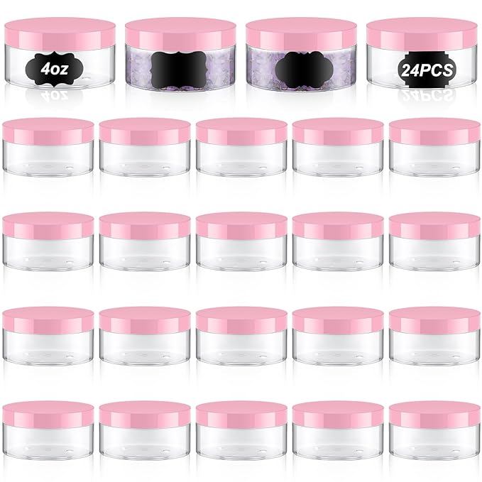 Dandat 24 Pcs 4 oz Plastic Jar Container with Lid and Label Refillable Empty Round Clear with Pink PET Cosmetic Sample Containers for Lotion, Cream, Ointments, Body Butter, Makeup, Travel Storage