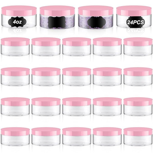 Dandat 24 Pcs 4 oz Plastic Jar Container with Lid and Label Refillable Empty Round Clear with Pink PET Cosmetic Sample Containers for Lotion, Cream, Ointments, Body Butter, Makeup, Travel Storage