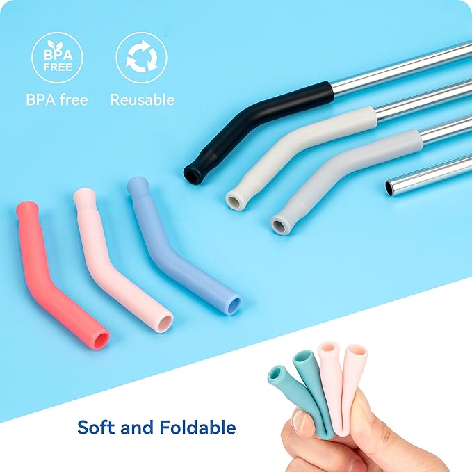 Reusable Metal Straws with Silicone Tip for Stanley 40oz,Stainless Steel Drinking Straws for 40oz Tumbler,3 Straight Tubes & 6 Tips& 1 Cleanr Brush(Ash)