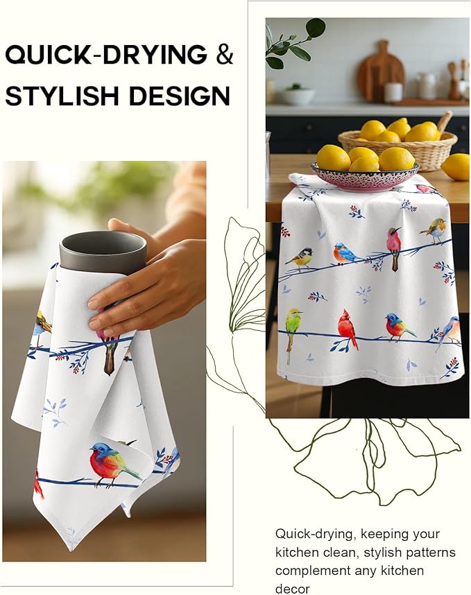 Flour Sack Kitchen Towels Set of 2-18x26 Cotton Dish Towels with Hanging Loop Reusable Tea Towel for Cleaning Spring Absorbent Dishcloths Cute Home Decor Housewarming, Watercolor Bird