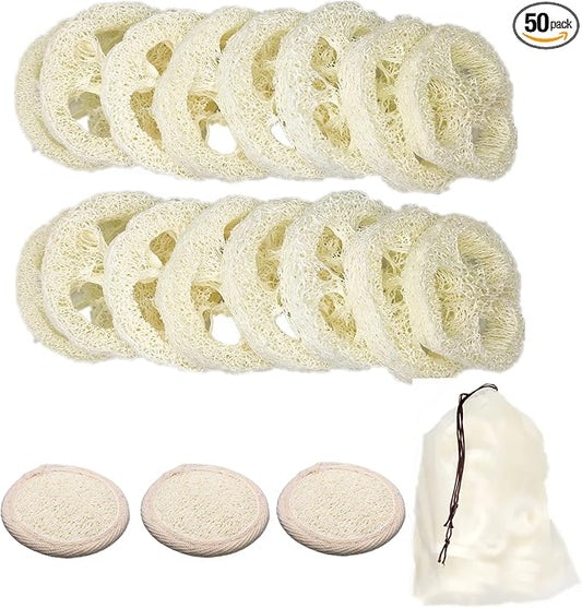 50Pcs Natural Loofah Slice of 1.96inch, Reusable Natural Loofah Cuts for Cleaner Sponge Scrubber, Facial Soap Holder and DIY Customize Soap Tools, with 3Pcs Exfoliating Loofah Pad and 1 Storage Bag