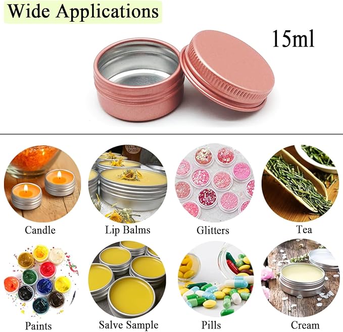15pack 15g Travel Size Aluminum Tins, 15ml Metal Tin Cans 1/2 oz Container Small Cans with Screw Lid for Makeup Sample, Nails, Lip Gloss Balm, Salve, Slime, Spices, Candy, Paint, Candle, Tea