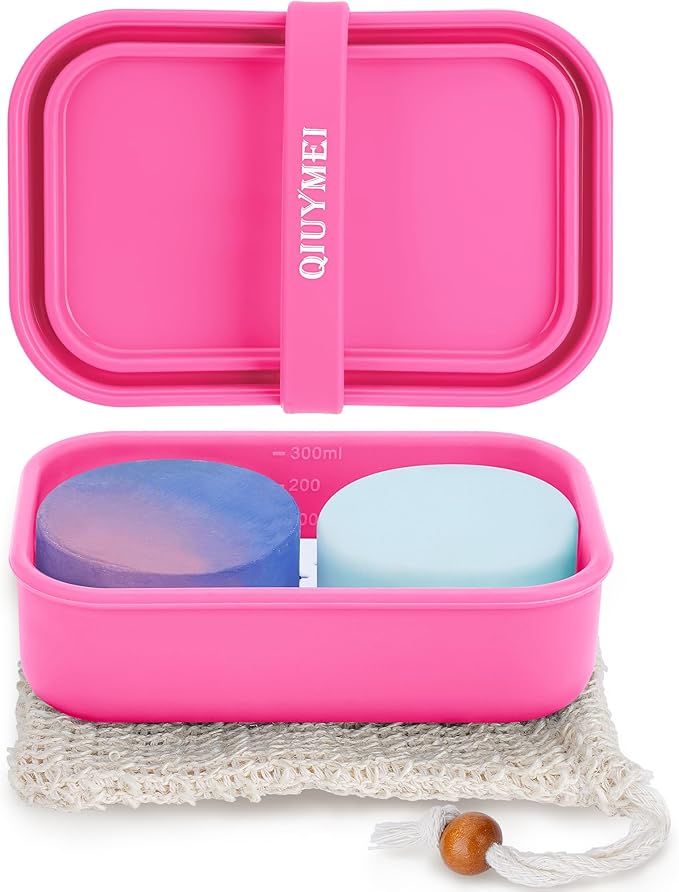 Silicone Soap Holder， Enhanced Leak-Proof Travel Soap Container with Draining Layer，Portable Bar Soap Holder, Soap Case with Soap Bag, Soap Dishes for Bathroom/Camping/Gym/ (Pink)
