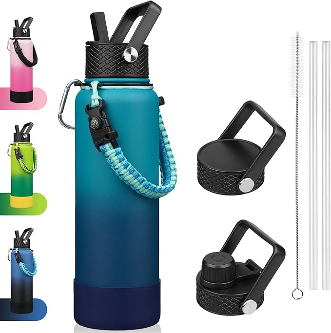 BJPKPK Insulated Water Bottle with Straw Lid, 40oz Large Thermal Flasks with 3 Lids, Paracord Handle & Non-slip Boot, BPA Free Leak Proof Stainless Steel Metal Water Bottles, Tumblers, Cups,Vast