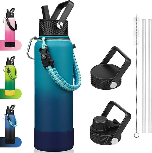 BJPKPK Insulated Water Bottle with Straw Lid, 40oz Large Thermal Flasks with 3 Lids, Paracord Handle & Non-slip Boot, BPA Free Leak Proof Stainless Steel Metal Water Bottles, Tumblers, Cups,Vast