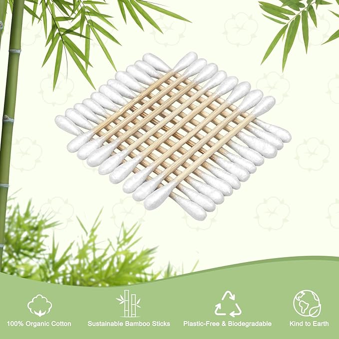 Bamboo Cotton Swabs - Biodegradable Double-Tipped Organic Cotton Buds with Wooden Sticks for Makeup, Personal Care, Ear Cleaning and Pet Grooming (1000 Count)