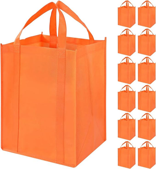 12 Pack Heavy Duty Reusable Grocery Bags - Large Shopping Totes Reinforced Handles, Holds 40 lbs, Foldable and Washable (Orange)