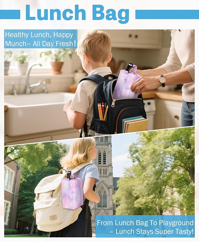 Small Insulated Snack Bag Lunch Box,Collapsible Reusable Small Lunch Bag with Snap Buckle Handle for Beach Travel Picnic,Pink Starry Sky 5-Can(3L)