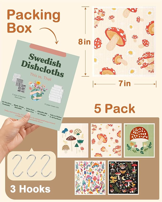 Swedish Dishcloths for Kitchen with Hooks - Reusable Dish Cloths for Washing Dishes Fast Drying Cute Fun 5 Pack Swedish Dish Towels Washable Cleaning Sponge, Swamm Series