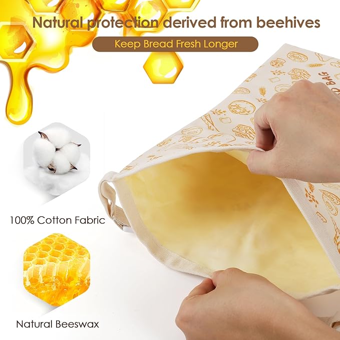 2-Pack Reusable Beeswax Bread Bags - Large 17x13 Inch for Sourdough & Homemade Bread Storage | All-Natural Beeswax Preservation, Eco-Friendly Cotton Food Bags - Easy to Clean & Daily Use