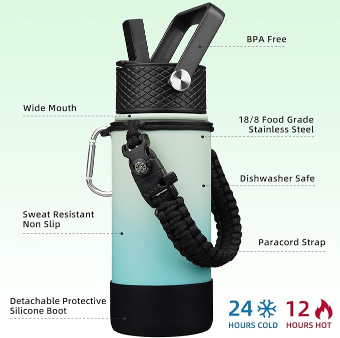 BJPKPK Water Bottle with Straw Lid, 18oz Insulated Water Bottles with 3 Lids, Paracord Handle & Non-slip Boot, Metal Stainless Steel Thermal Flasks, BPA Free Leak Proof Cups, Tumblers,Mint