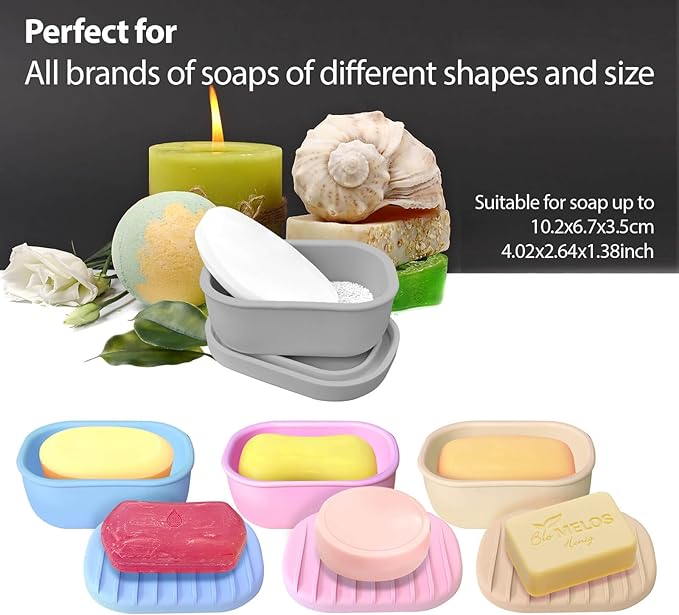 Leakproof Silicone Travel Soap Case with Drainage Layer, Silicone Bar Soap Holder Compact Portable Shatterproof Soap Container Box for Bathroom Gym Camp Travel Toiletries (Gray, Drainage Lid)