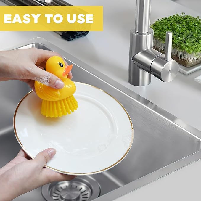 GTOTd Cute Ducky Washing Dish Brush（2 Pack） Ergonomic Palm Scrubber with Handle for Potato Vegetable Fruit Best Small Kitchen Gadgets Gifts Accessories Stuff Household Cleaning Dishwashing Supplies