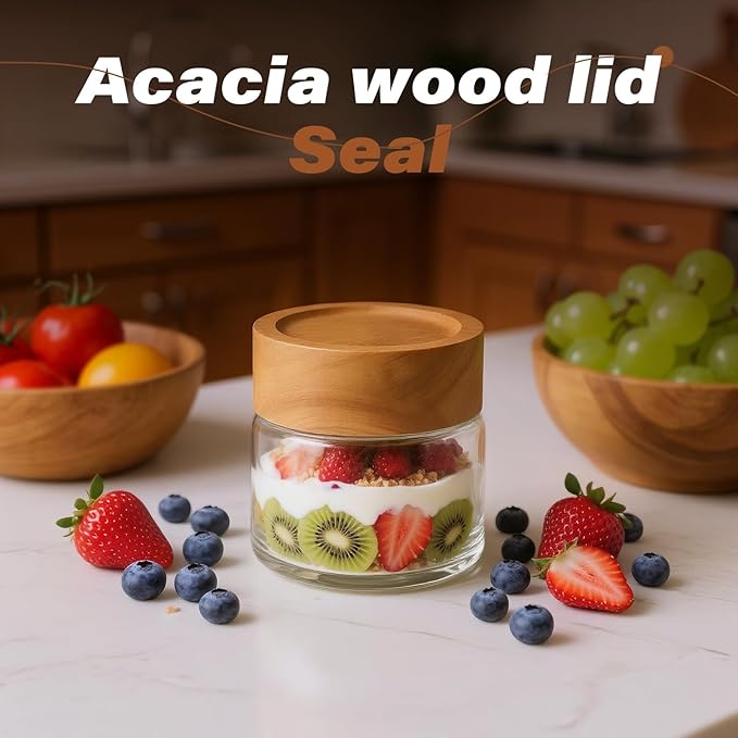 6-Pack 4 oz Stackable Airtight Glass Canisters with Acacia Lids - Small Mason Jars for Overnight Oats, Spice Storage, Herb Keepers, Pantry Organization and Dry Food Storage